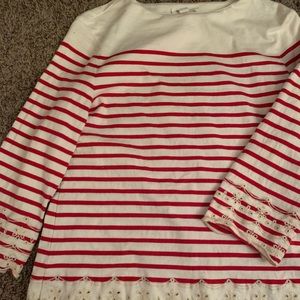 Cream and red striped top with crochet on bottom